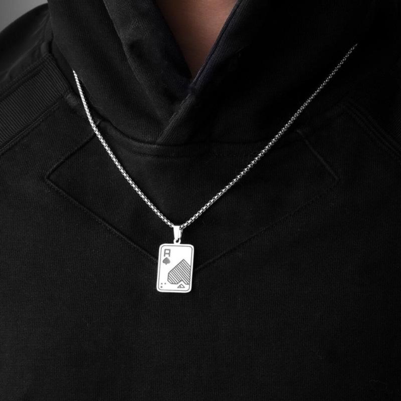 Hiphop Rock Playing Cards Necklace For Men 24Inches Stainless Steel Cuban Chain Collar Locomotive Cool Riding Neck Accessories