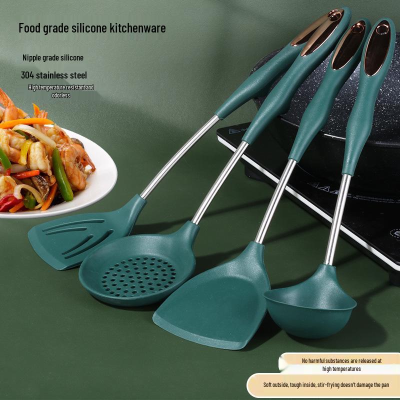 High-Temp Resistant Silicone & Stainless Steel Kitchen Utensil Set - Non-Stick Cooking Spatula & Ladle