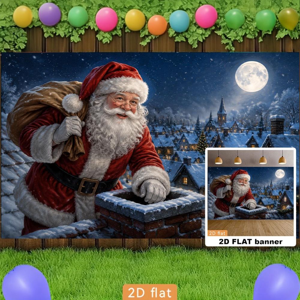 Christmas Party Backdrop Banner, Santa Climbing Chimney Scene, Xmas Holiday Photo Background for Indoor Outdoor Party Decor