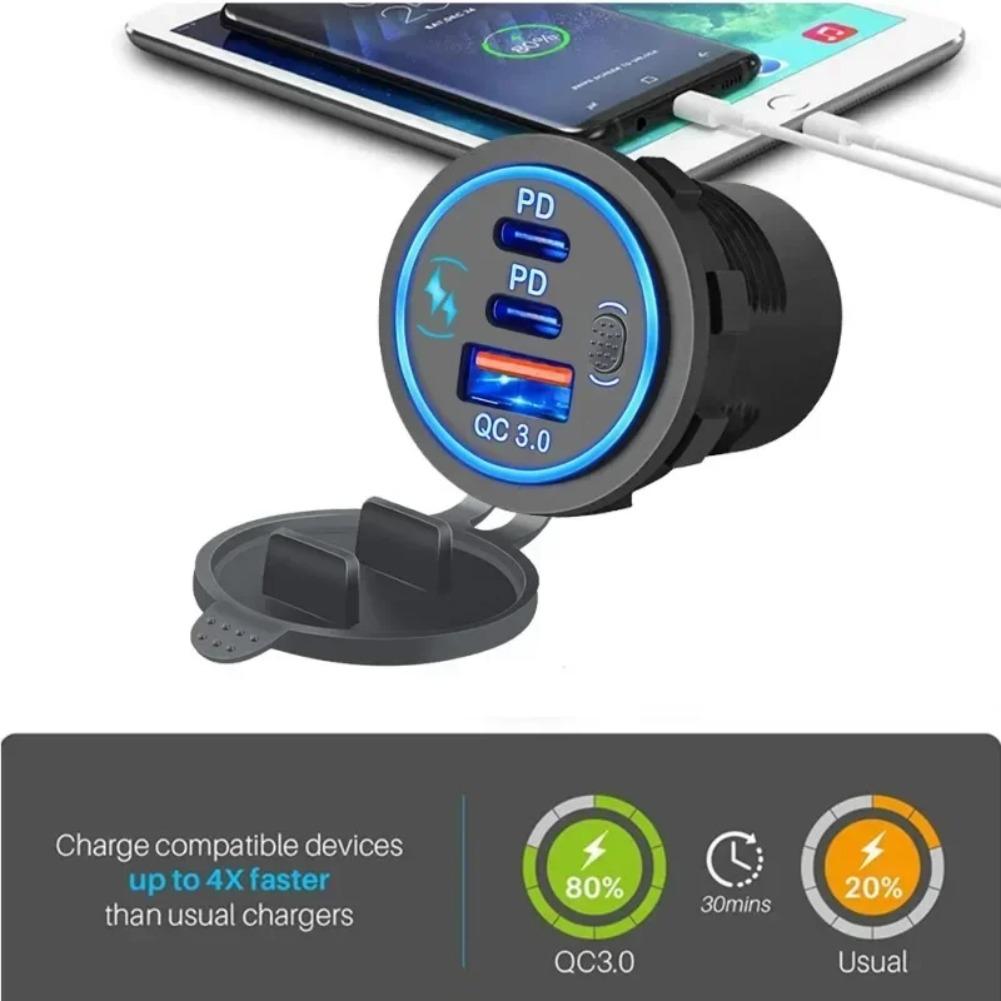 Dual PD & QC 3.0 3-Ports Quick Charge 112W Aperture Car Fast Charger Outlet Socket For 12V 24V Motorcycle Boat Marine Truck ATV