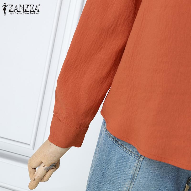 ZANZEA Chemisier ample à manches longues et col en V pour femme, couleur unie, décontracté