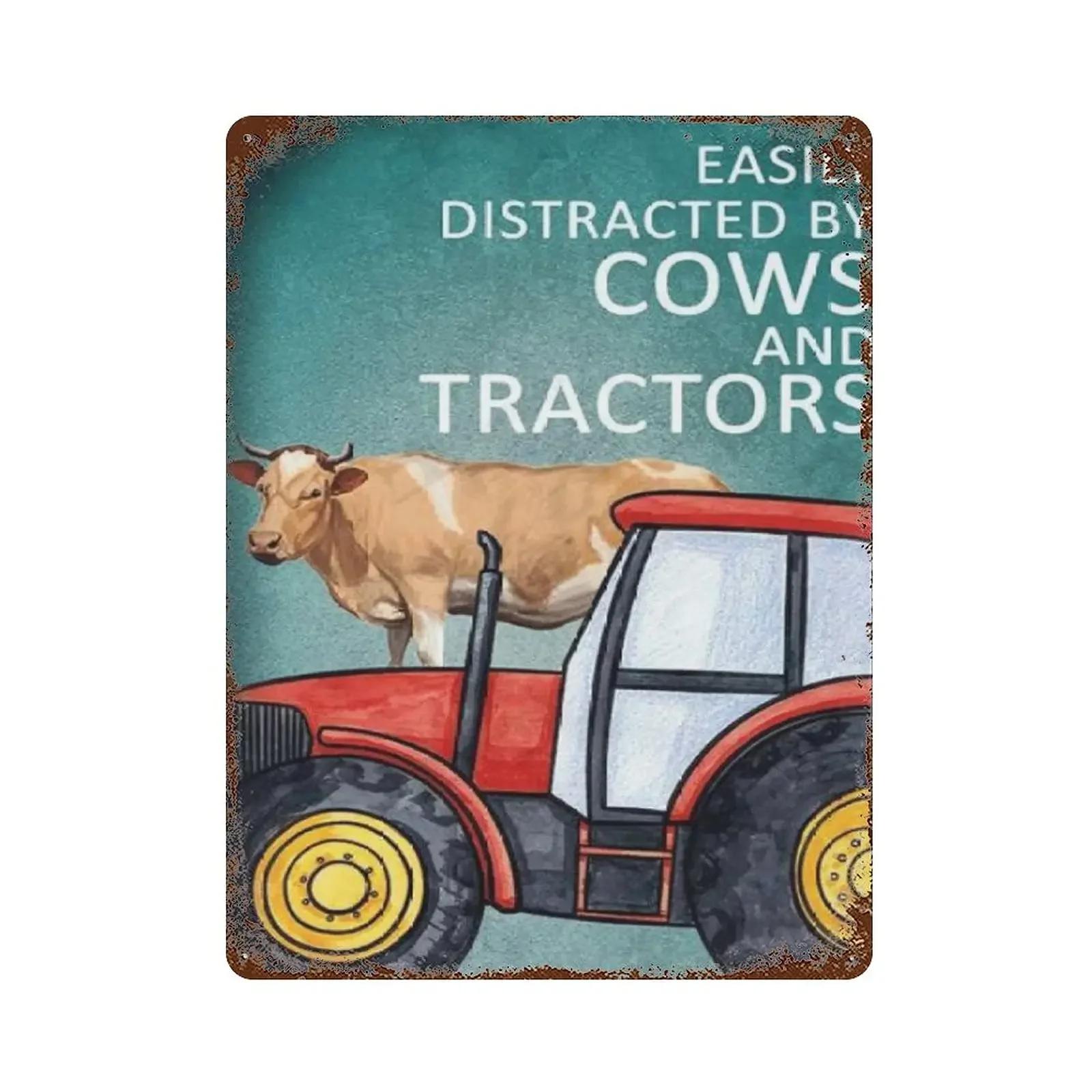 

Metal tin SignRetro Style Novelty PosterIron PaintingEasily to Distracted by Cows and Tractors Tin Sign Farm Life Tin Sign 20x30cm（7.8x11.8inch）