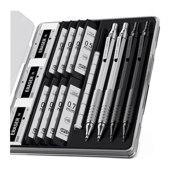 Four Candies Metal Mechanical Pencils Set of 4, 0.5 & 0.7mm, with 480 HB Lead Refills, Eraser, and Case - Black & Silver Precision Metal Pencil Set