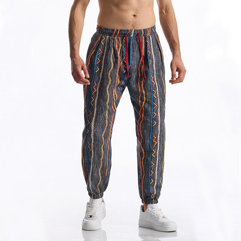 Frühlings- und Sommer-Herren-Freizeithose aus Baumwolle und Leinen mit 3D-Druck, elastischer Bund, Schnürhose