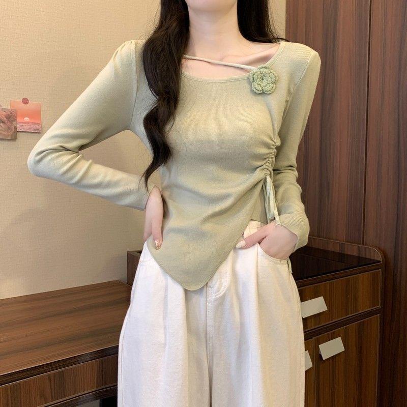 women floral applique ruched knit top square neck long sleeve form fitting casual solid color asymmetrical hem blouse