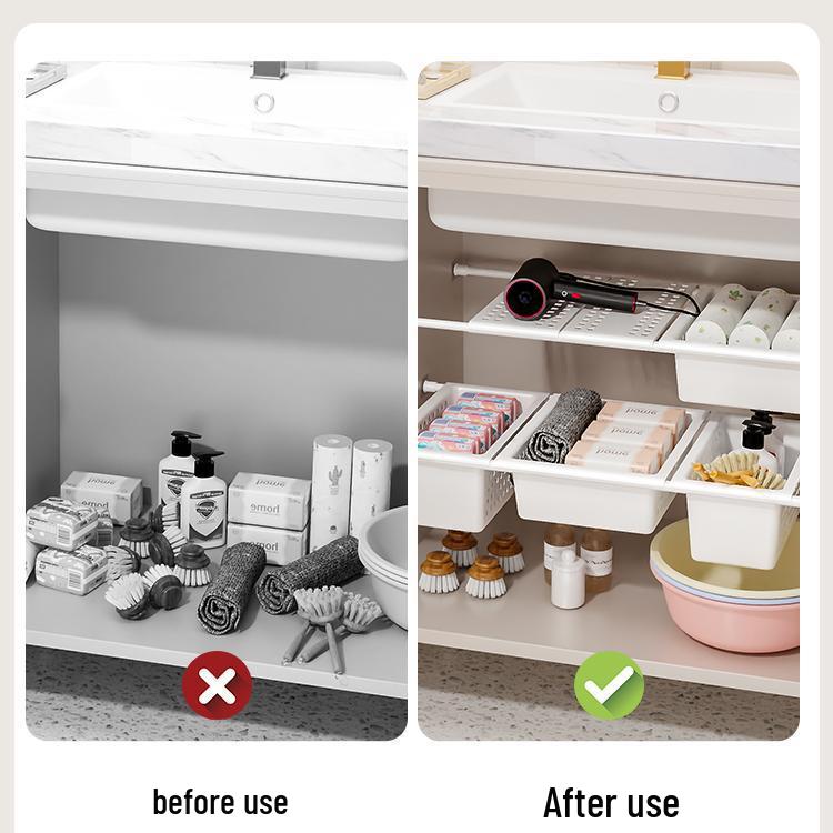 Ausziehbarer Badezimmer-Aufbewahrungsständer für unter das Waschbecken mit mehrstöckigen Regalen und Bohrloser Trennwand