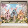 Spring Easter Cottage Colorful Egg Rabbit Photography Background Flower and Tree House Children's Birthday Decoration Backdrop