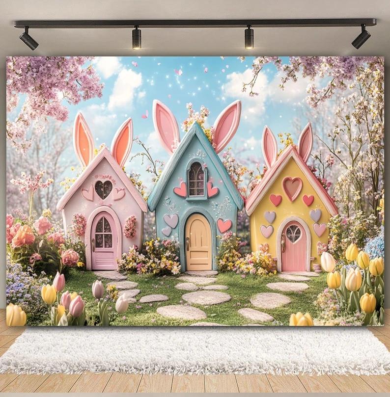 Spring Easter Cottage Colorful Egg Rabbit Photography Background Flower and Tree House Children's Birthday Decoration Backdrop