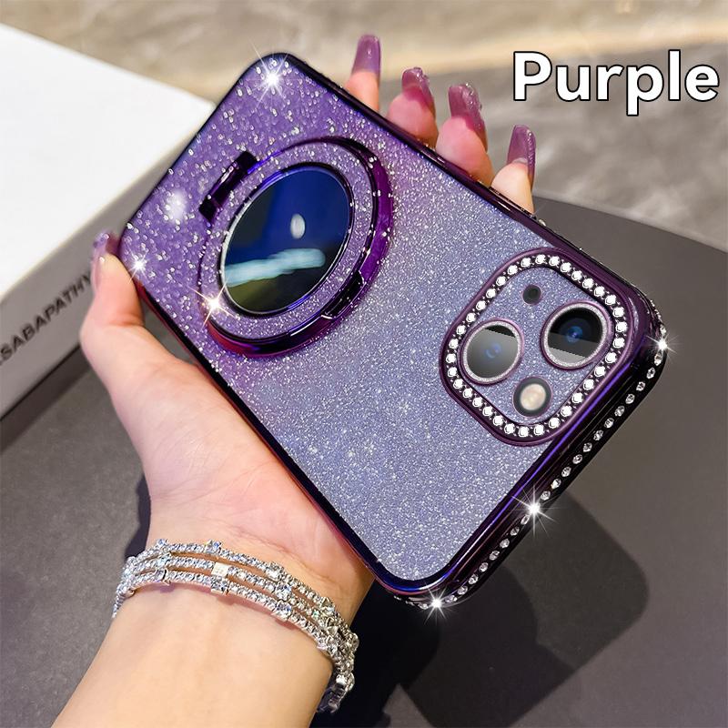 KEYSION Luxury Glitter Jewelled Magnetic Phone Case for iPhone 13 14 Pro Max Makeup Mirror Ring Stand Shockproof Back Cover