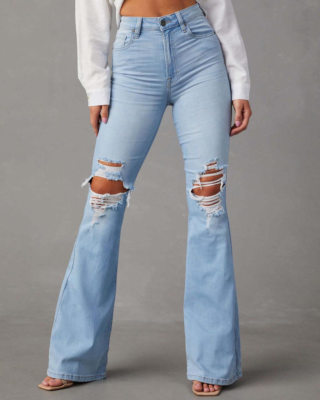 2026 European-American Retro High Waist Ripped Blue Micro-flare Jeans for Women XXL