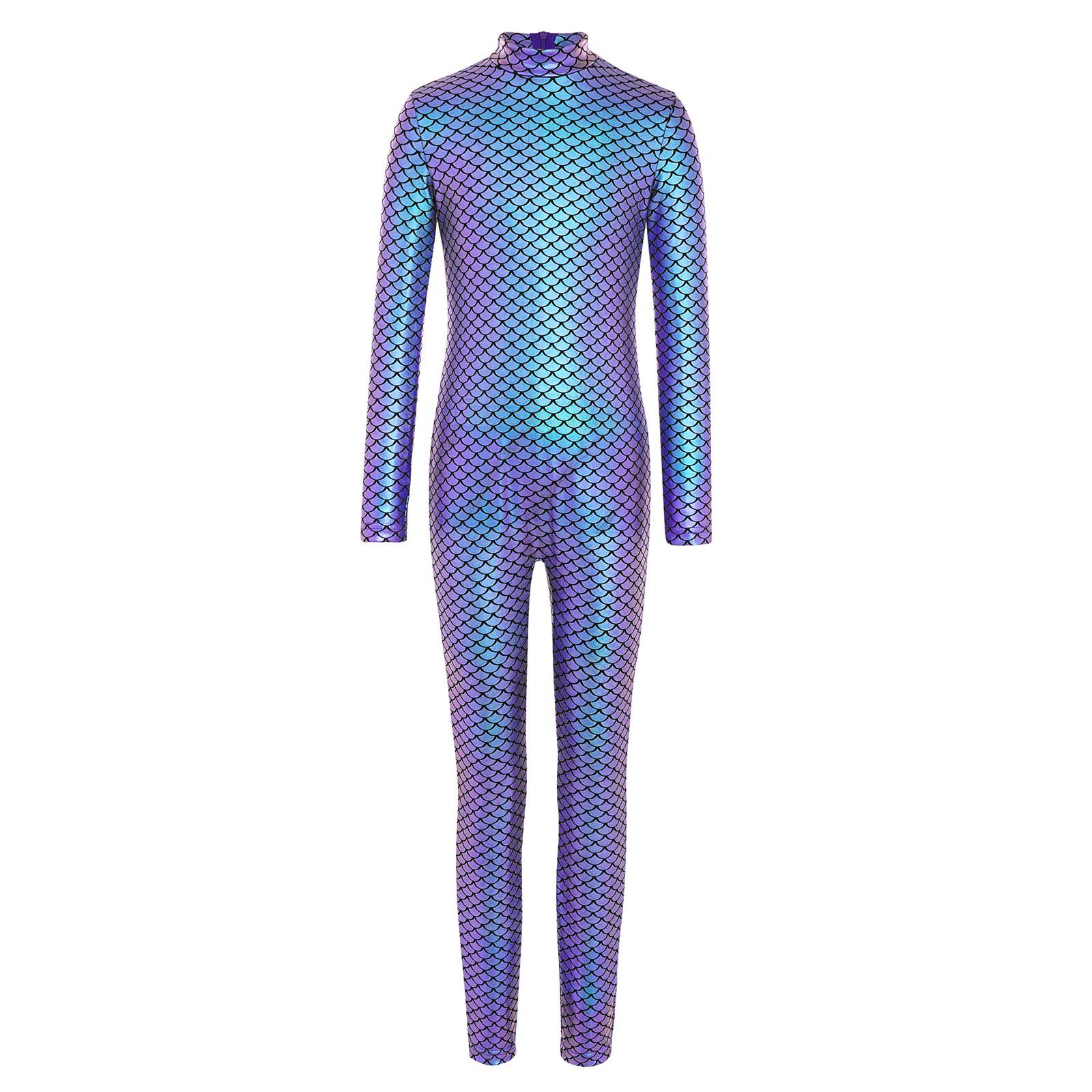 Mädchen Metallic Fischschuppen Jumpsuit Langarm Hinten Unsichtbarer Reißverschluss Body Gymnastik Tanz Unitard 7-8 Years violett