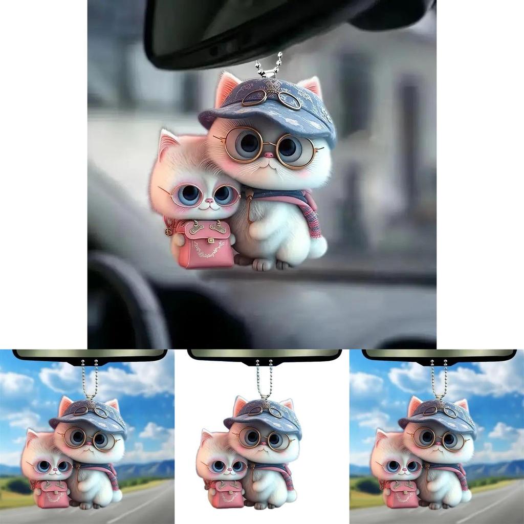 Acrylic Flat Surface Couple Cat Car Pendant With Hat Cute Decor For Auto Interior Enthusiasts