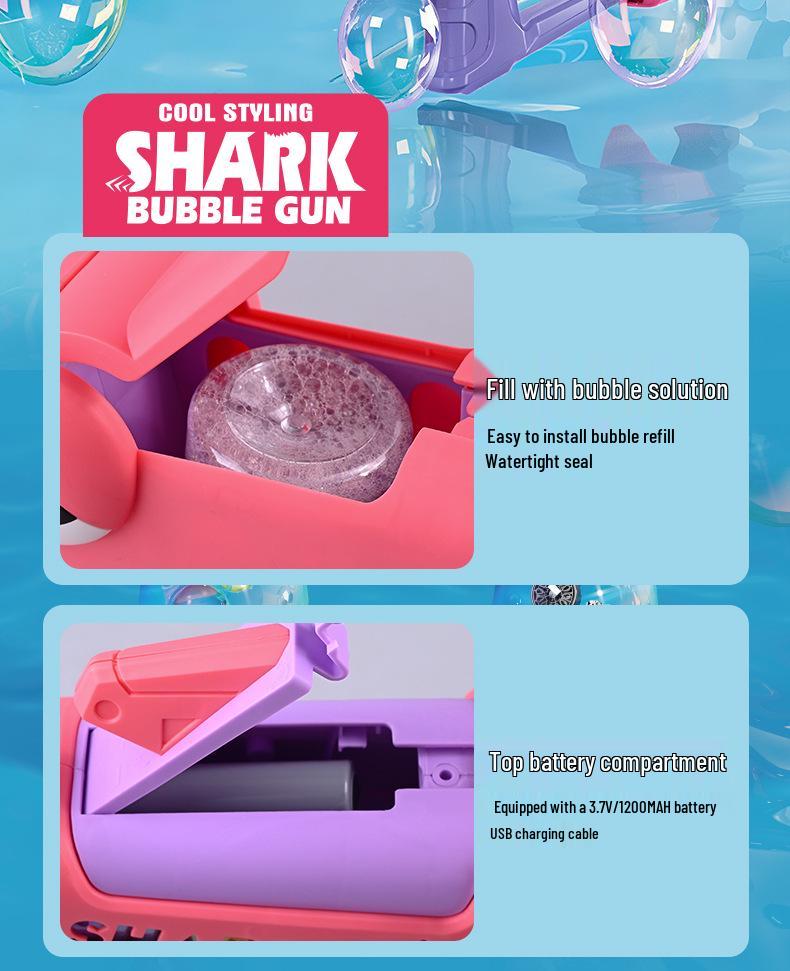 Cartoon Shark Electric Bubble Gun: Handheld, 24-Hole, Automatic Light-Up Bubble Blower for Kids