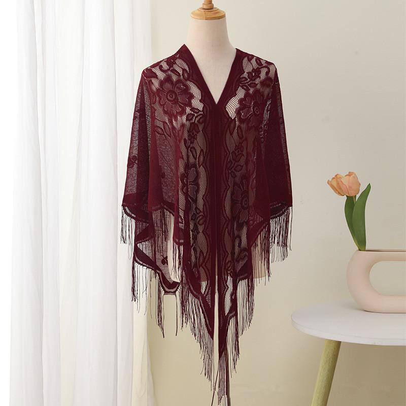 Summer Transparent Lace Flower Tassel Scarf Mesh Yarn Cheongsam Shawl Triangle Neck Scarves Neckerchief Head Scarf