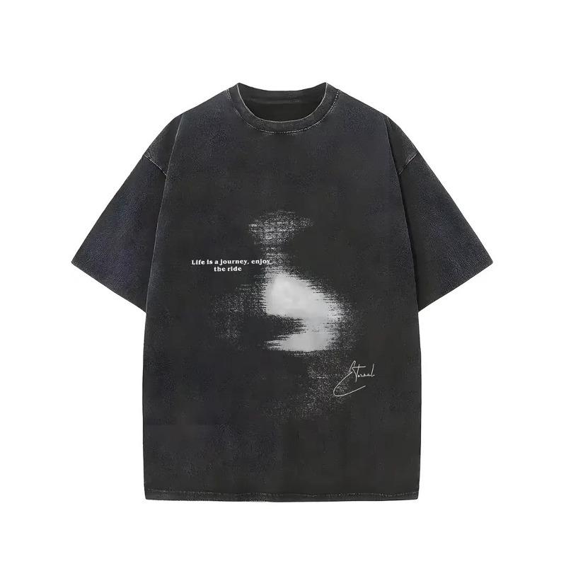 

European Size Men Oversized Vintage T-Shirt - Black Washed Short Sleeve Tee with Life Is A Journey Enjoy The Ride Handwritten Print S чёрный