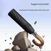 Fully Automatic Curved Hook Wooden Handle Umbrella Enlarged Thickened Black Glue Three-fold Wind Rain Resistan Business Umbrella