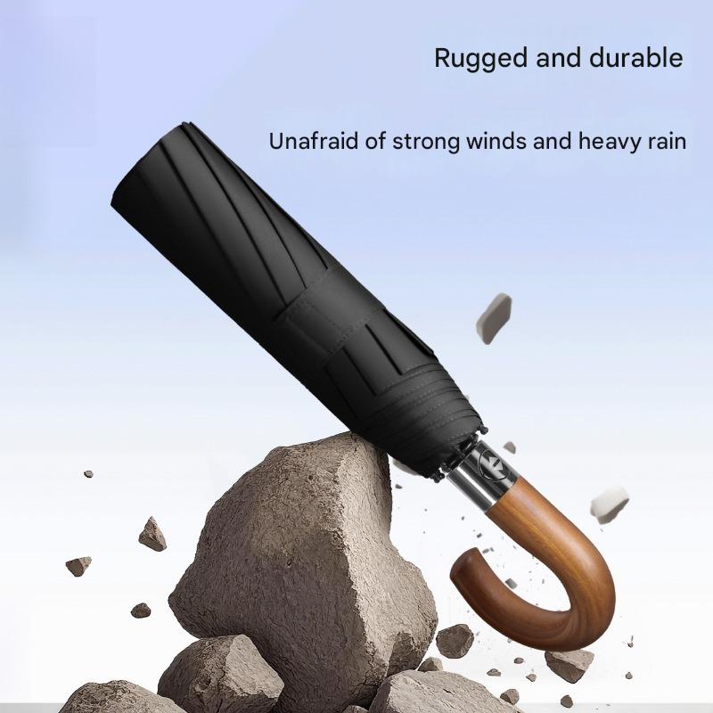 Fully Automatic Curved Hook Wooden Handle Umbrella Enlarged Thickened Black Glue Three-fold Wind Rain Resistan Business Umbrella