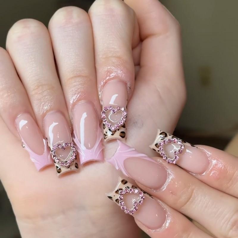 10pcs Handmade Press-On Nails With Pink Leopard Print Heart Rhinestones Sweet Spicy Style Removable Nail Tips Women
