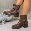 Studded Metal Buckle Platform Non-Slip Single Boots Women's Fashion Round Toe Sleeve Block Heel Booties