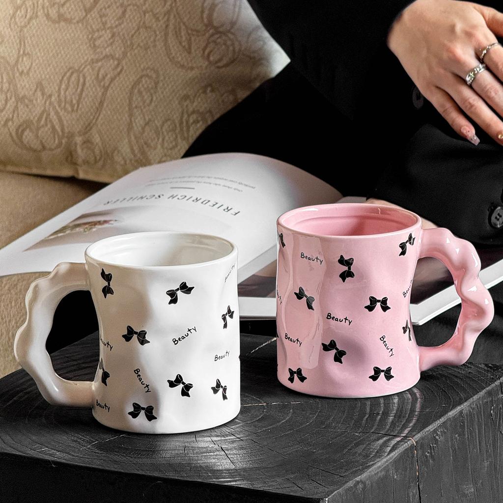 Dziewczyny z Różowymi i Czarnymi Kokardami Kubek Ceramiczny o Wysokim Wyglądzie Kreatywny Design Filiżanka Domowy Kubek do Wody Pamiątka