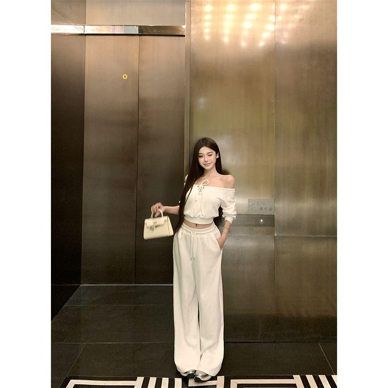 Kumikumi Elegant Outfit Short off-Shoulder Long Sleeves Sweatshirt Female Fall High Waist Drawstring Loose Pants Two-piece Set