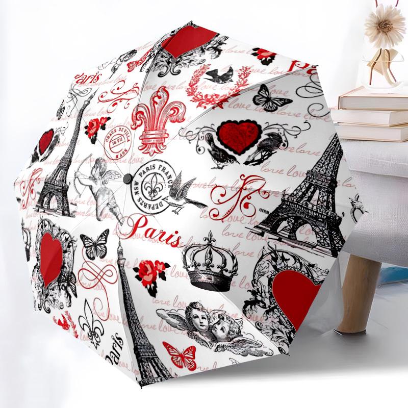 1pc Paris Love Print Auto-Fold Umbrella with One-Touch Open/Close - 8 Reinforced Ribs for Windproof Stability, Yy251118213