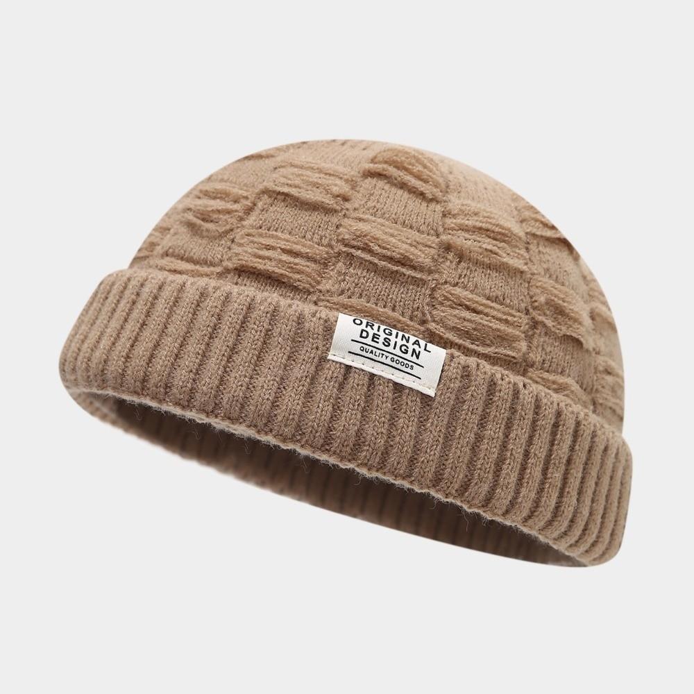 Thick Knitted Beanie Cap Solid Color Cuff Trawler Hat Retro Docker Cap