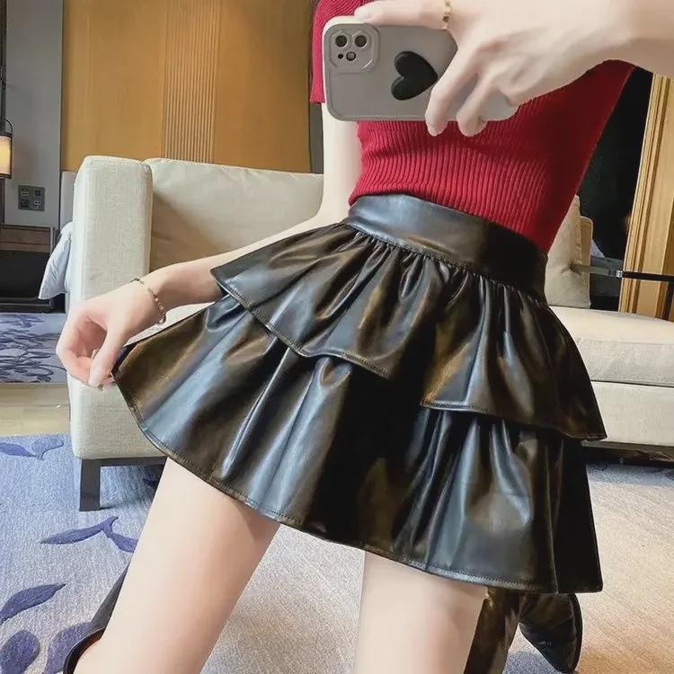 2024 Autumn/Winter Women's High Waist PU Leather A-Line Skirt - Slim, Fluffy, Anti-Exposure, Hot Girl Cake Design