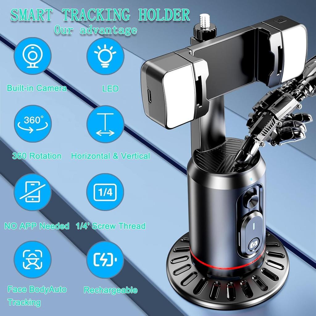 Auto Face Tracking Tripod 360° Rotating Auto Tracking Phone Stand, No App, Gesture Control Smart Shooting Camera Mount with Selfie Light and Remote