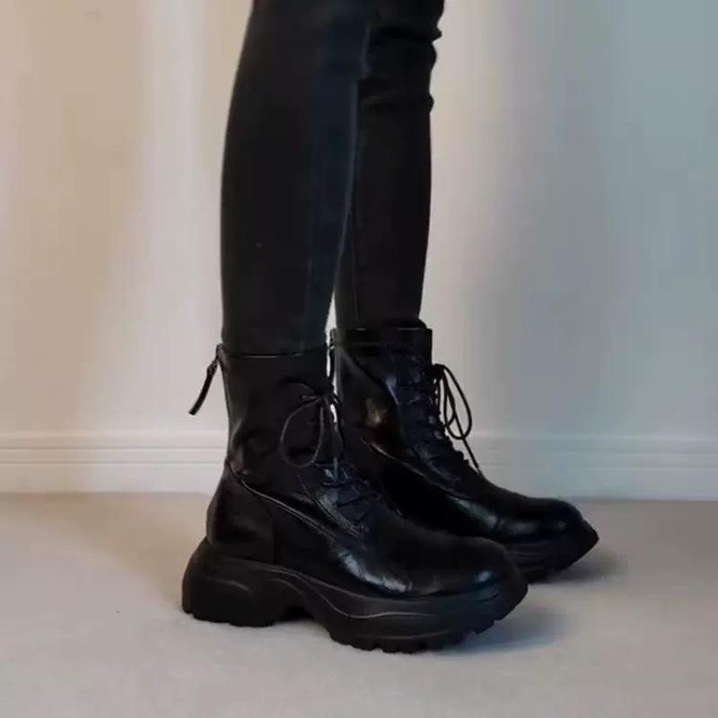 Cowhide version~ retro leather thick-soled Martin boots for women's autumn and winter new lace-up height-increasing thin boots short boots
