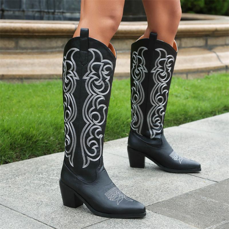 Fashion IPPEUM Cowboy Boots Red Embroider Knee High Chunky Heel Cowgirl Women Western Shoes