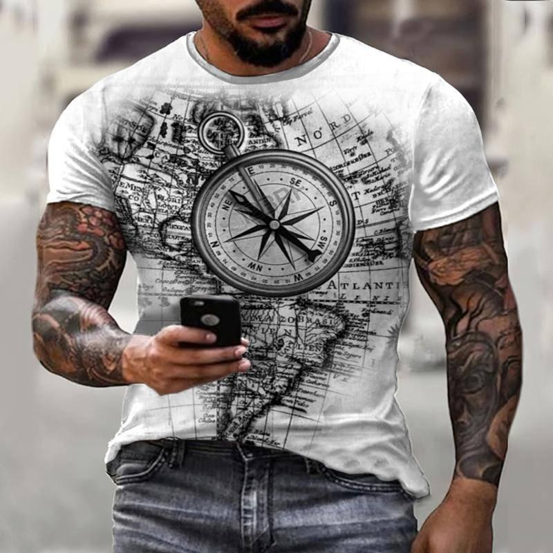 Summer Retro Compass T-shirt Men's 3D Printed T-shirt Fashionable Street Harajuku T-shirt Short Sleeved Oversized Top Men's Clothing