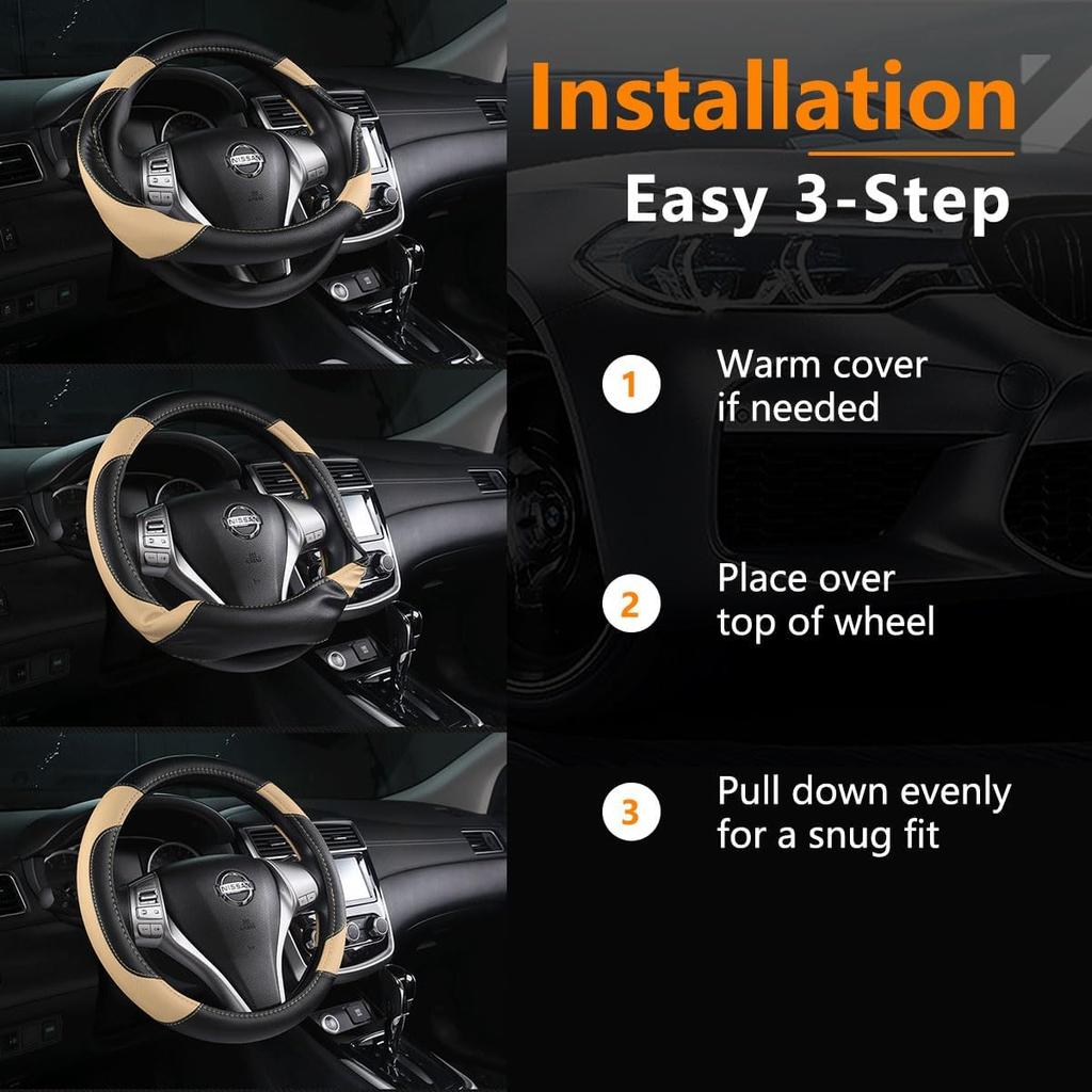 Leather Car Steering Wheel Cover, Non-Slip Car Wheel Cover, Protective Breathable Microfiber Leather, Universal Fit for Most Car