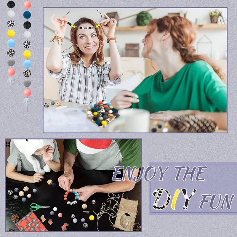 Beaded Making Kit for Bracelet Car Wristlet Keychain Contains 15mm Round Letter Beaded Leather Tassel Elastic for Key Ri