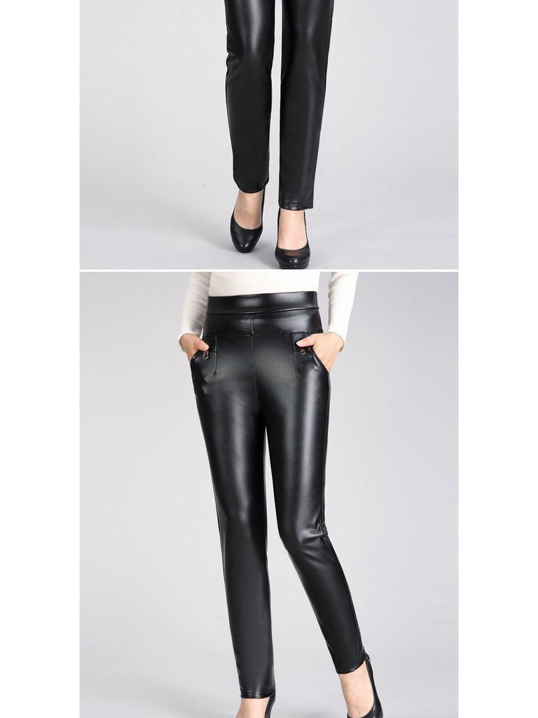 Mom's High-Waisted Leather Pants: Winter Plus Velvet Straight-Leg Style for Middle-Aged & Elderly Women