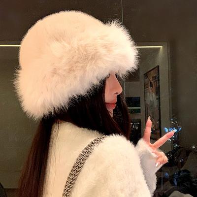 Internet Celebrity Hat Women's Winter Thickened Warm Imitation Fur Fashion Simple Bucket Hat Imitation Mink Women's Mongolian Hat