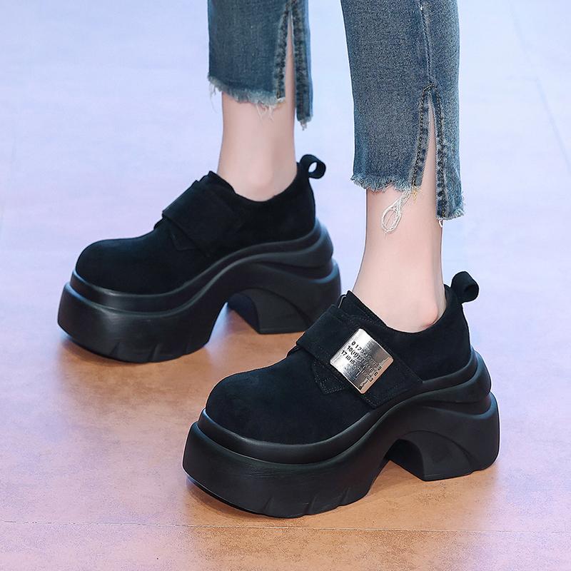 Fashion New 2025 Autumn 9CM High Heels Casual Leather Shoes Women Chunky Sneakers Comfortable Pumps High Platform Walking Shoes Woman