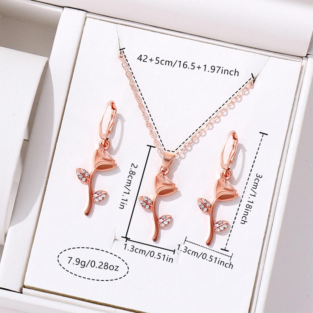 3 Piece Women Versatile Diamond Studded Flower Necklace Earring Set Fashionable And Personalized Temperament Accessory
