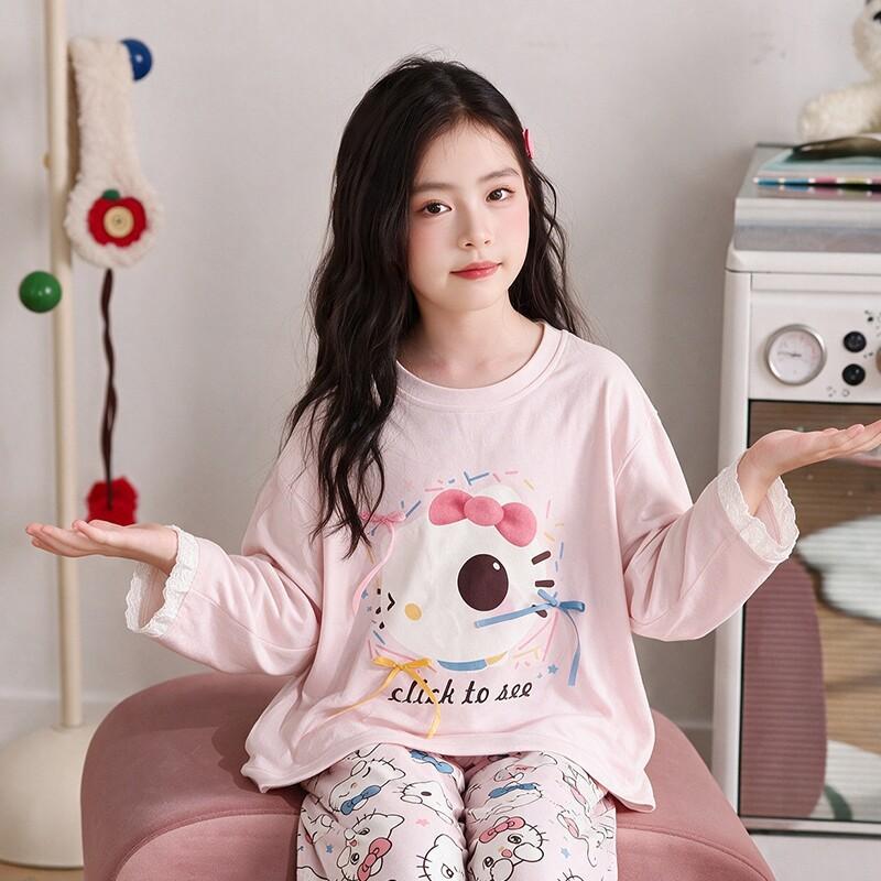 100% Cotton Girls Long Sleeve Pajamas Set Cartoon Print Round Neck Sleepwear Kids 8 Years