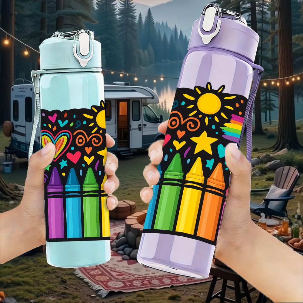 1PC Color Crayon Box Layout 750ml Color Plastic Sports Water Bottle Leakproof Flip Straw Lid For Sports Office Home Use