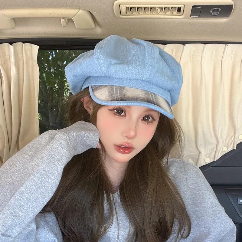 2024 New Korean Versatile Octagonal Hats for Women Summer Autumn Travel Sunscreen Casual Retro Short-brimmed Denim Berets Cap