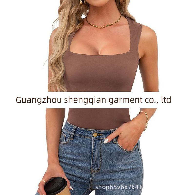 

European and American Fashion Foreign Trade Women s Clothing, Fashionable Casual Solid Color Slim Fit Square Neck Tank Top Camisole for Women Brown XS
