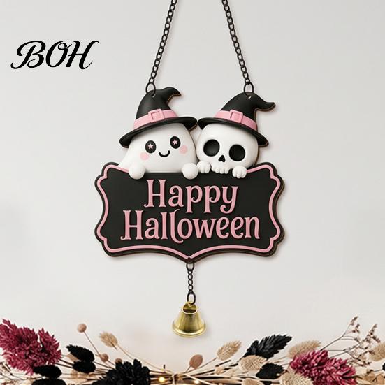Cute Ghost Wall Decor Halloween Witch Hat Door Sign, Wooden Hanging Decoration, Rustic Farmhouse Sign Doorbell Pendants for Indoor Outdoor Home