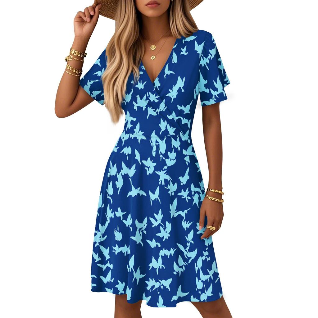 Women's Summer Fashion Leaf Print Dress Casual Beach A-line V-neck Loose Sundress