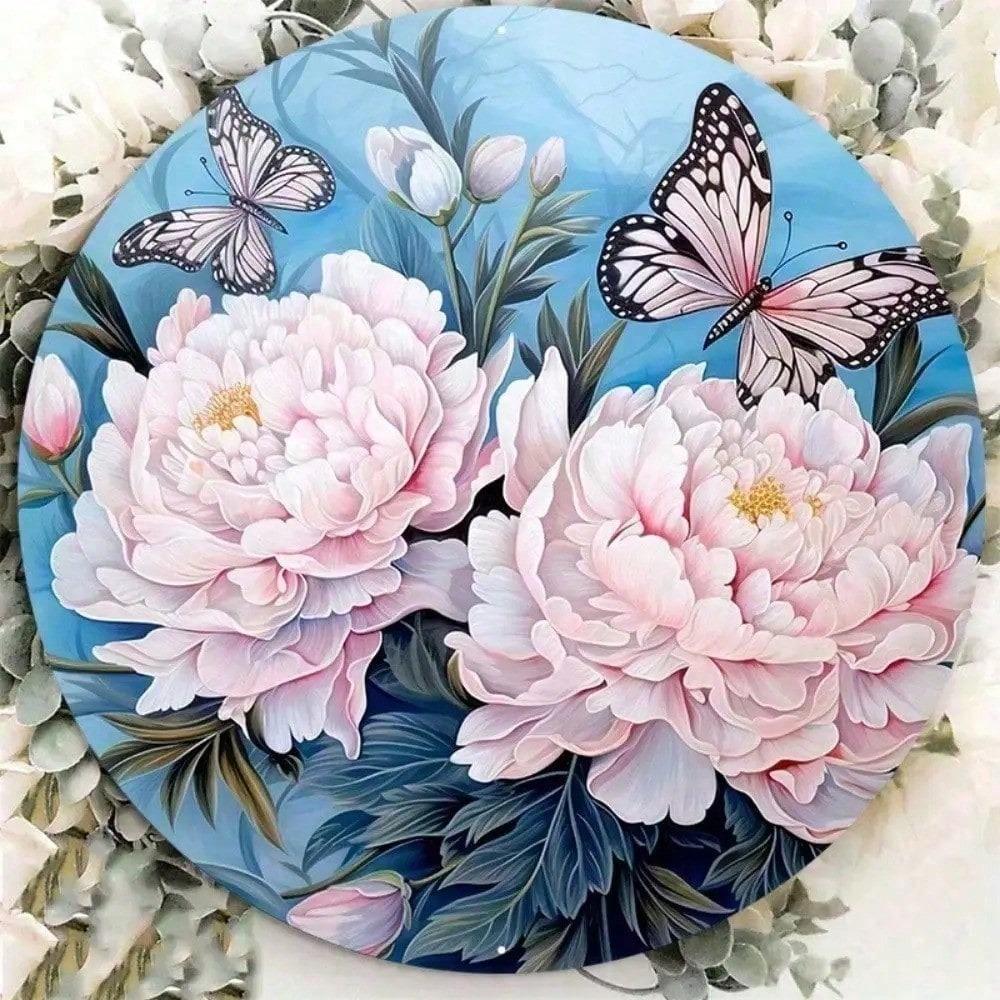 Outdoor Metal Wreath Sign Peony Butterfly Door Decor Wall Art Hanging 8x8 Inch
