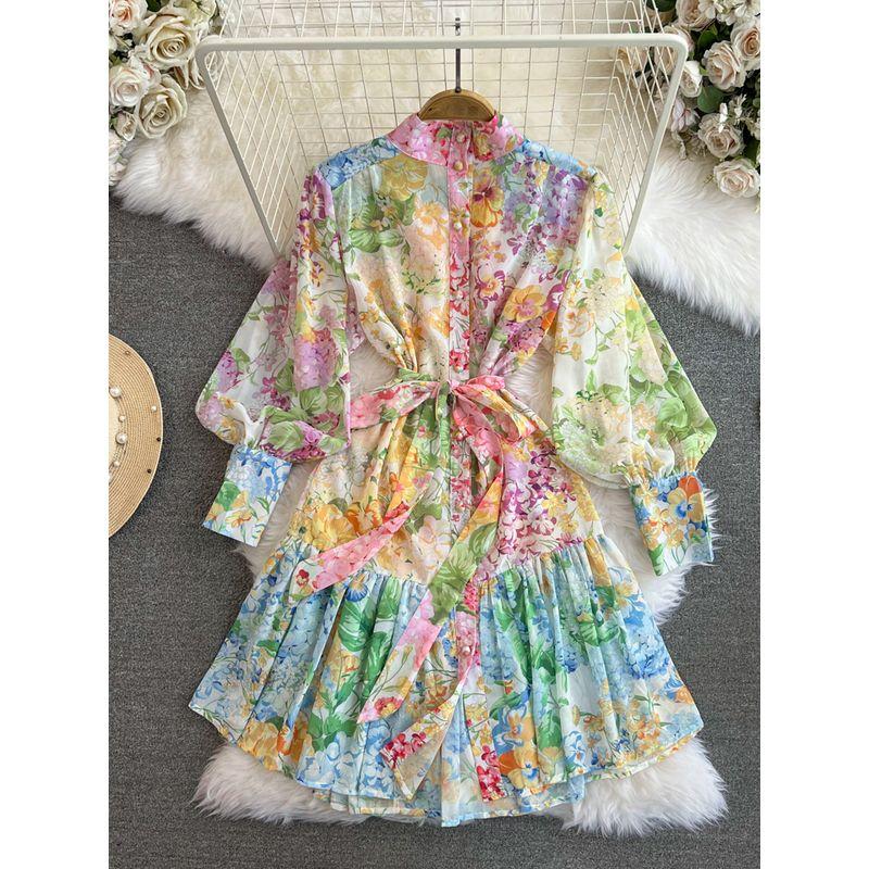 

Retro Stand Collar Positioning Print Seaside Holiday Beach Skirt Pink 2XL