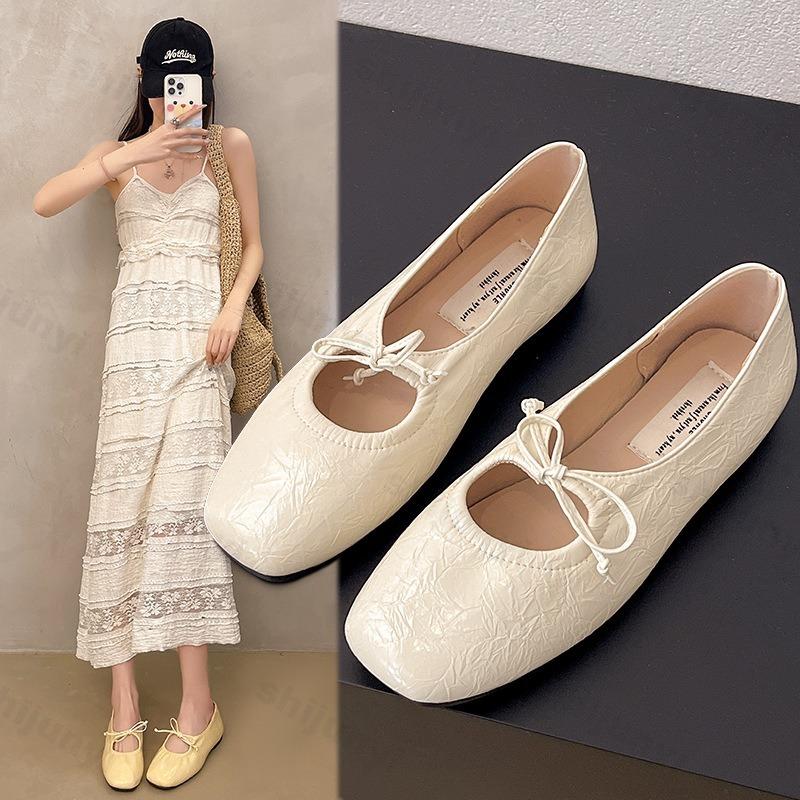 Fashion Women Ballet Flat Shoes 2025 Summer Square Toe Bow Women Loafers Shoes Lace Up Sandals Soft Casual Shoes Mujer De Zapatillas