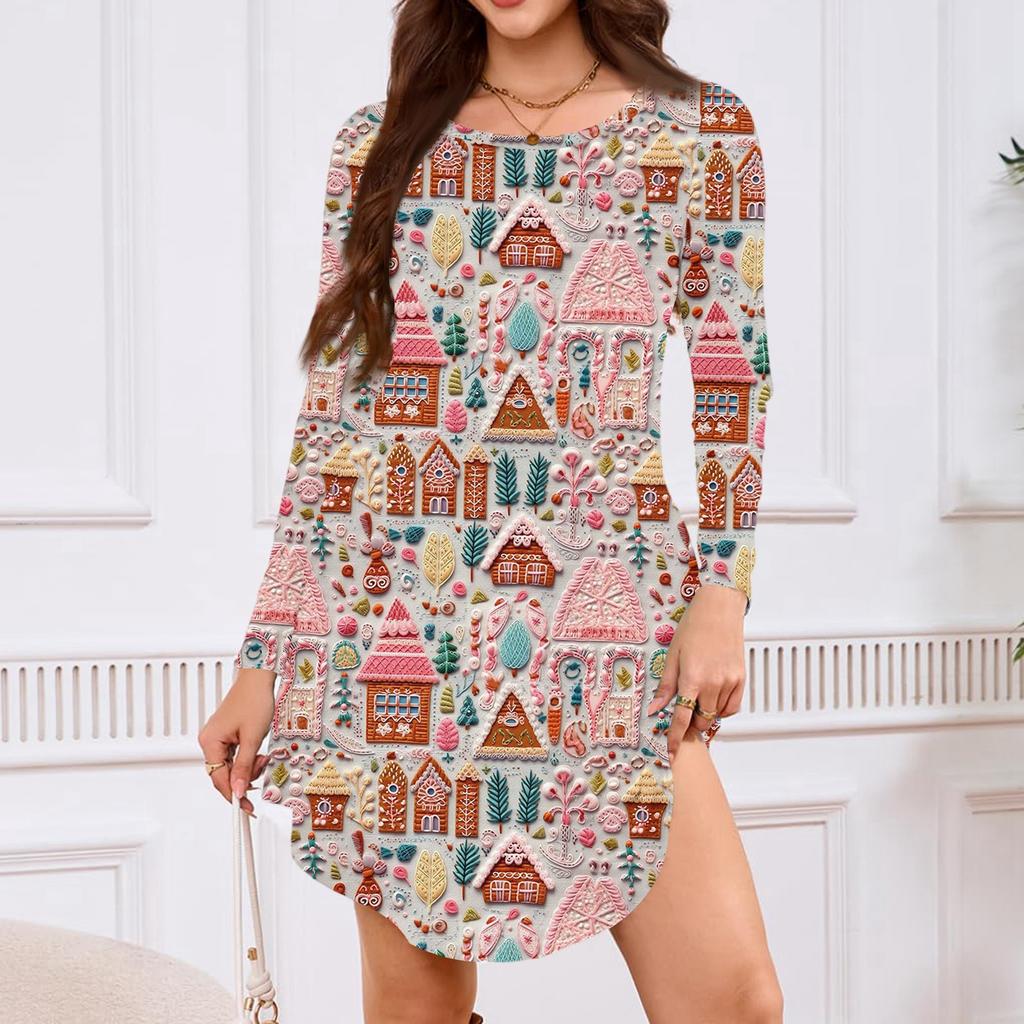 Women's Long-sleeved T-shirt Dress With Round Neck, Knee-length, Loose Fit, Casual And Pockets