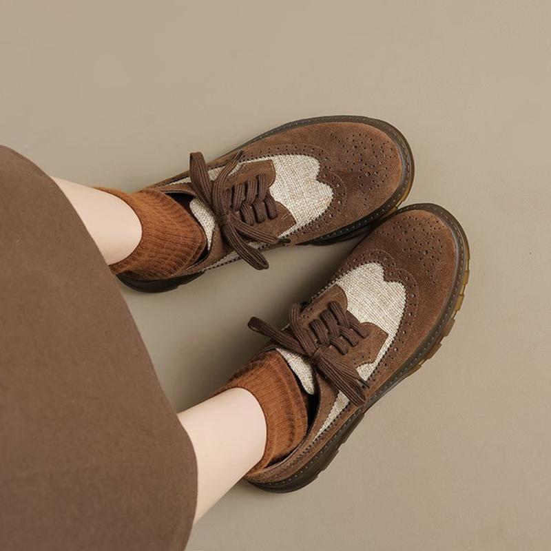 Fashion NEW Spring/Autumn Women Loafers Round Toe Chunky Heel Shoes Cow Suede Leather Shoes Women Lace-up Women Pumps Black Brogue Shoes