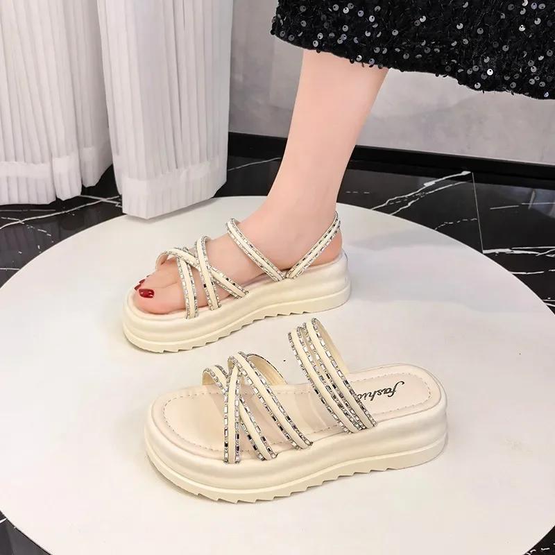 Fashion Roman New Fashion Summer Round Open Toe Sexy Thick Bottom Women's Versatile Casual Beach Large Size Flat Sandals Slippers